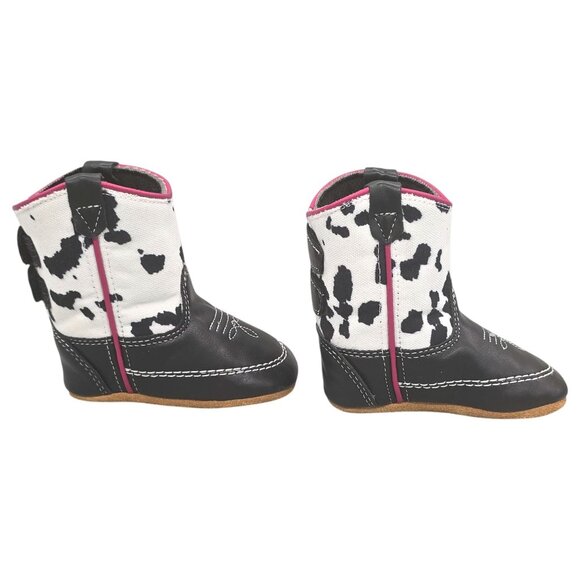 Lil Boot Barn Baby Cow Print Western Boots Size 2 Black/White Faux Leather & Can - Picture 4 of 16